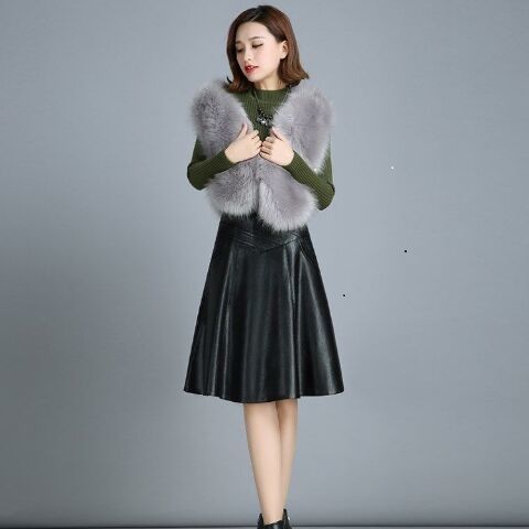 PU Leather Knee-Length Skirt