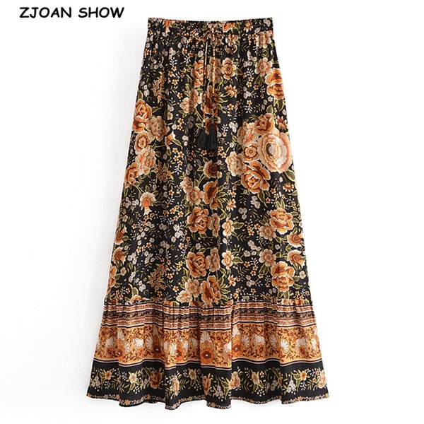 Bohemian Black Ruffle Hem Wrap Knotted Floral Skirt