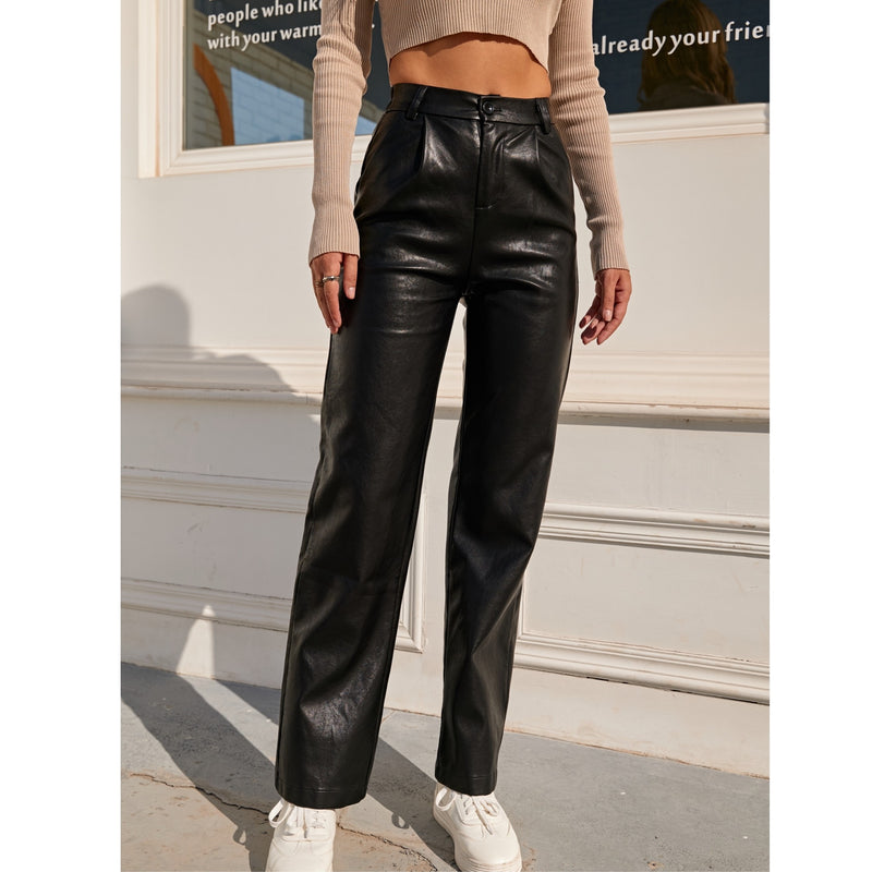 Faux Leather Elastic Waist Cargo Pants