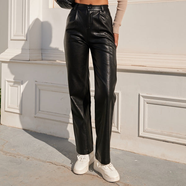 Faux Leather Elastic Waist Cargo Pants