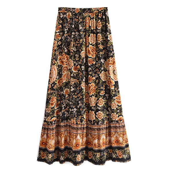 Bohemian Black Ruffle Hem Wrap Knotted Floral Skirt