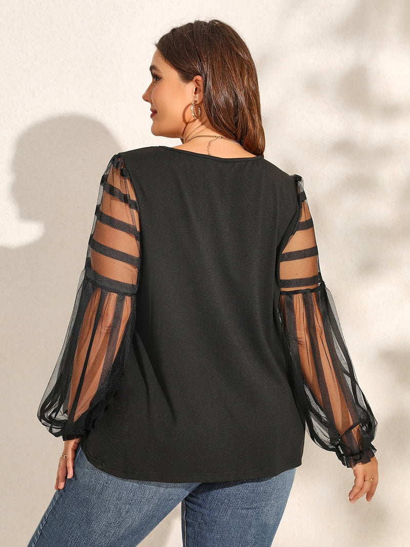 Mesh Bishop Sleeve Chiffon Blouse