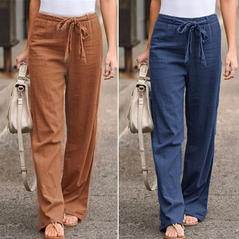 Elastic Waist Straight Linen Pants