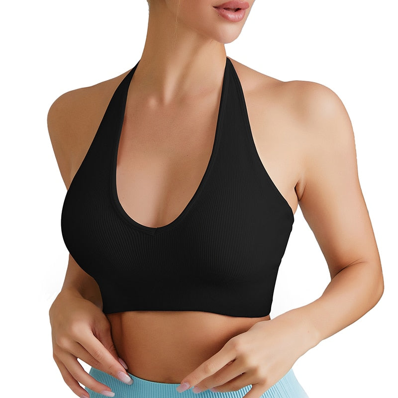 Solid Halter Backless Sport Bra