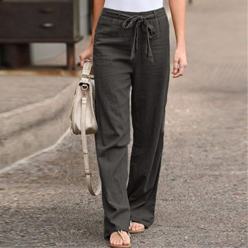 Elastic Waist Straight Linen Pants