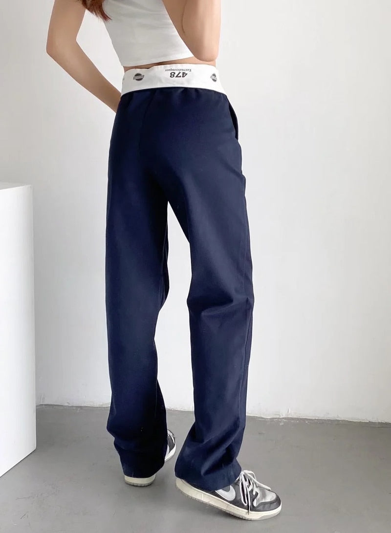 Fold Waist Line Straight Leg Trousers