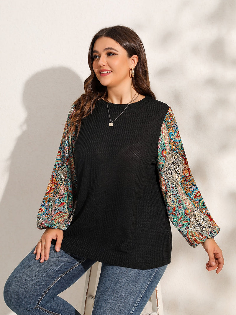 Lantern Sleeve Paisley Print Textured Top