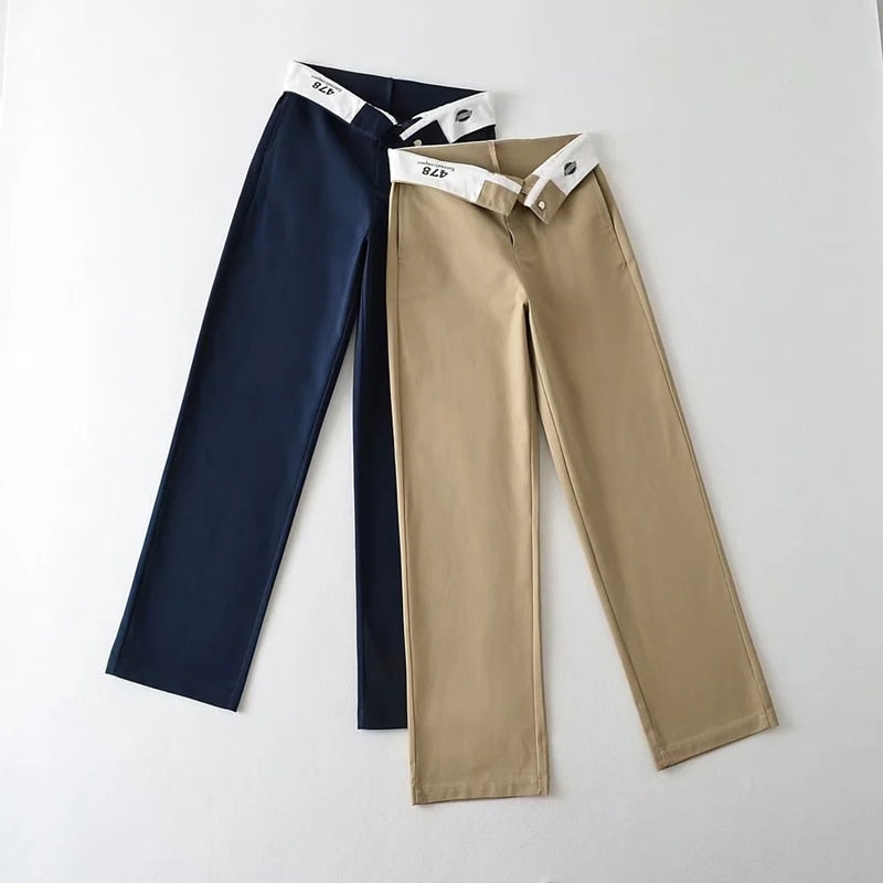 Fold Waist Line Straight Leg Trousers