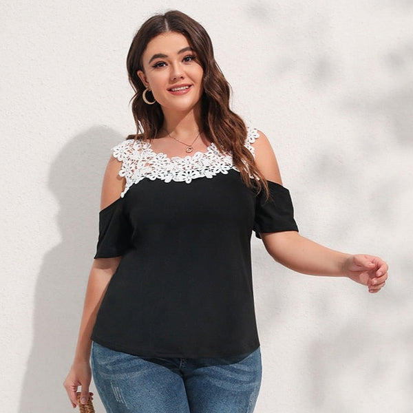 Contrast Guipure Lace Cold Shoulder Top