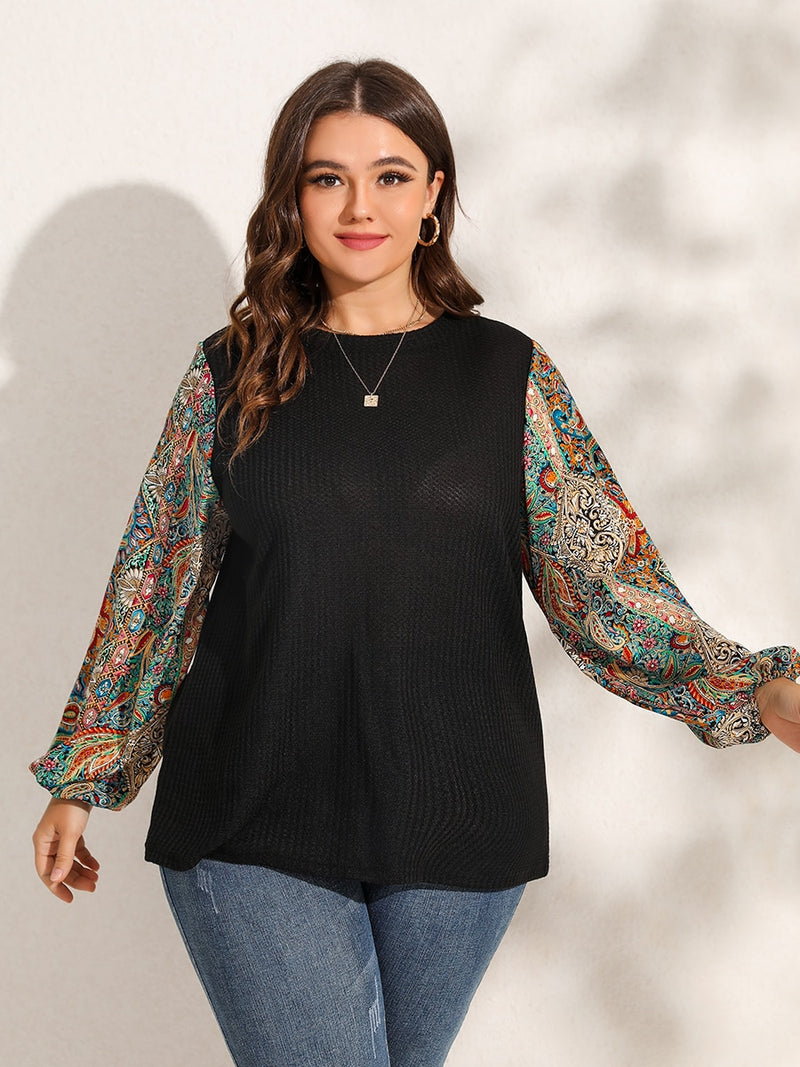 Lantern Sleeve Paisley Print Textured Top