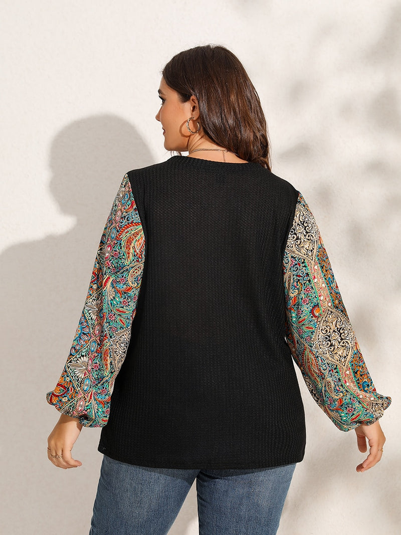 Lantern Sleeve Paisley Print Textured Top