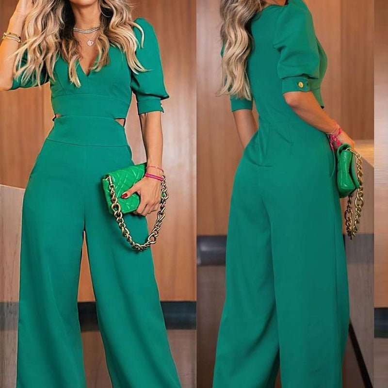 Short Sleeve V Neck Jumpsuit