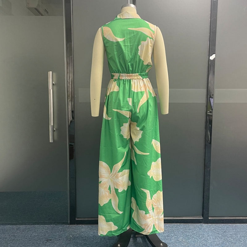 Sleeveless Lapel Floral Print Jumpsuit