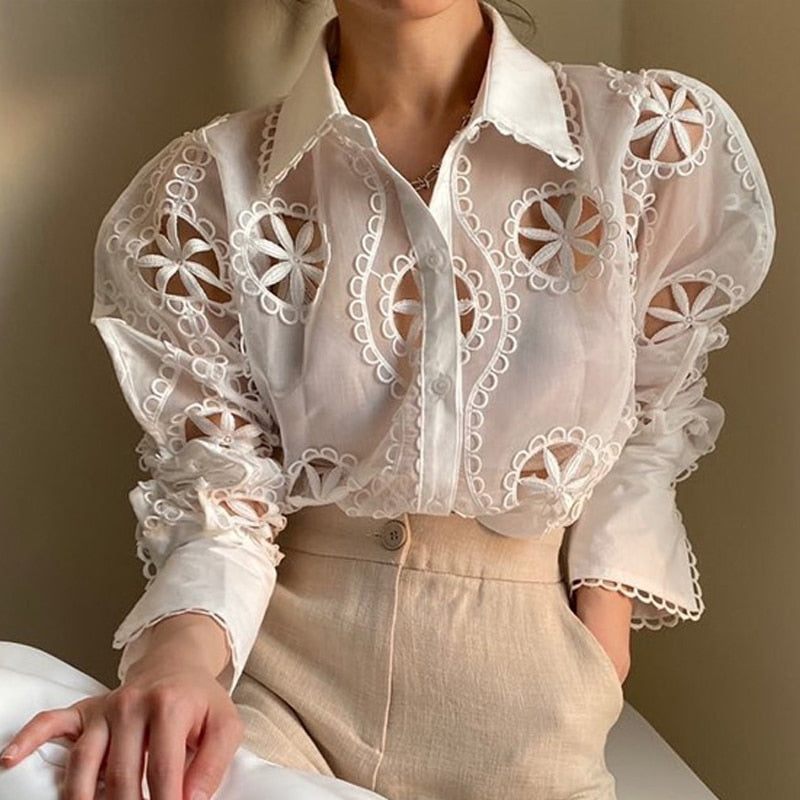 Sexy Hollow Floral Embroidery Blouse