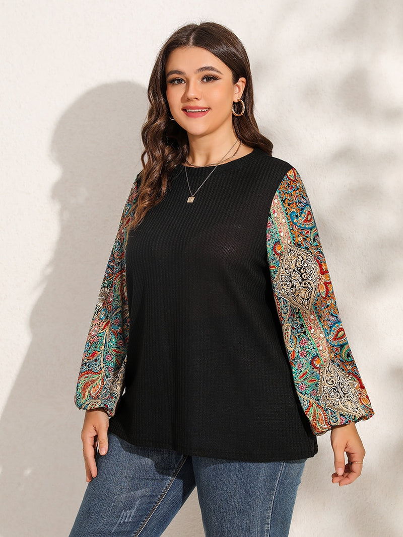 Lantern Sleeve Paisley Print Textured Top