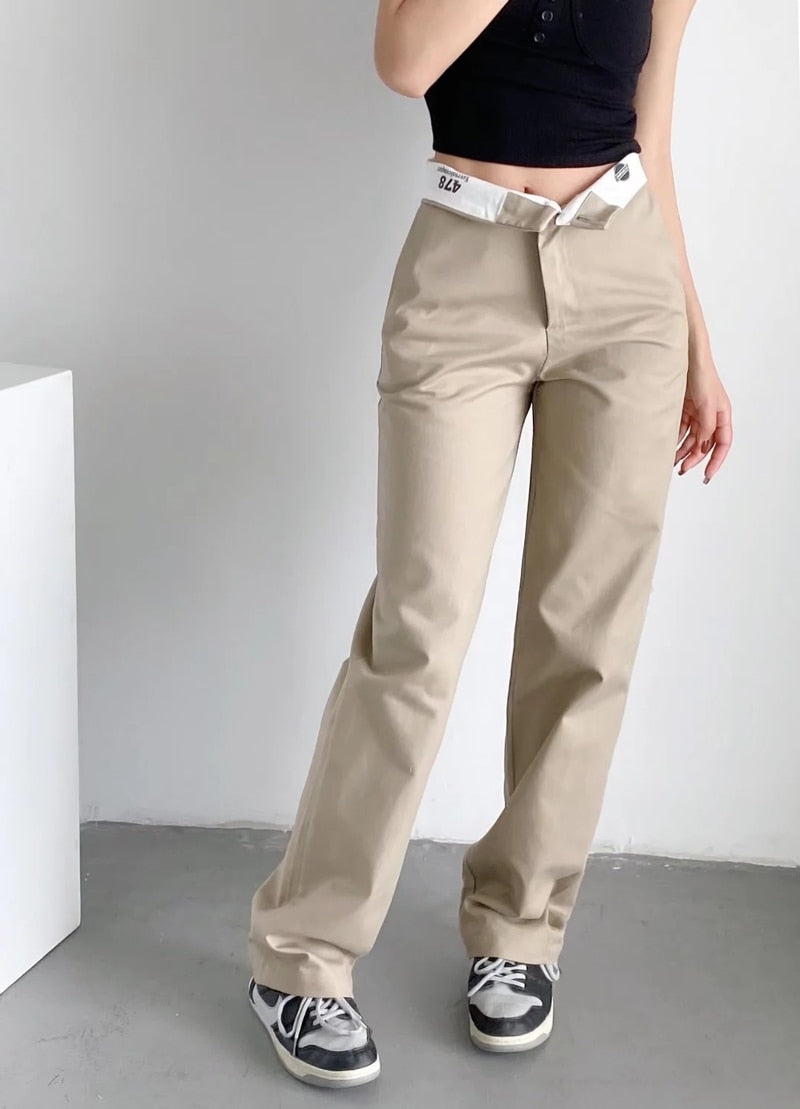 Fold Waist Line Straight Leg Trousers