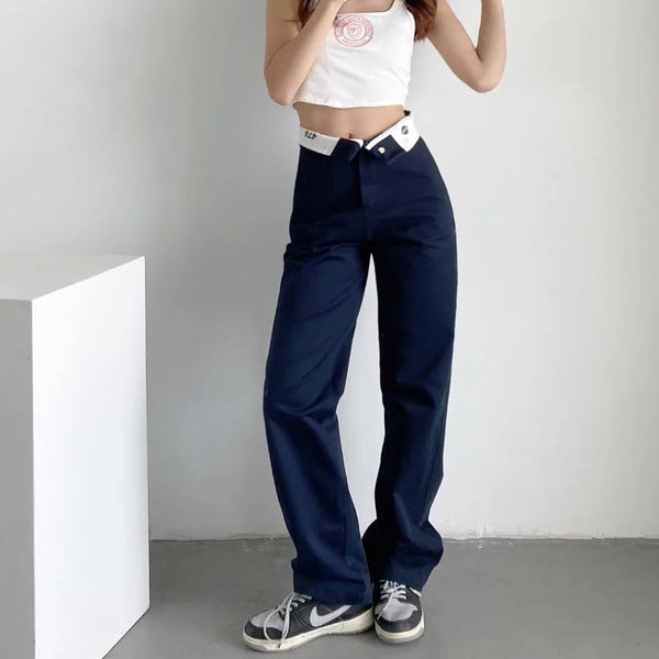 Fold Waist Line Straight Leg Trousers