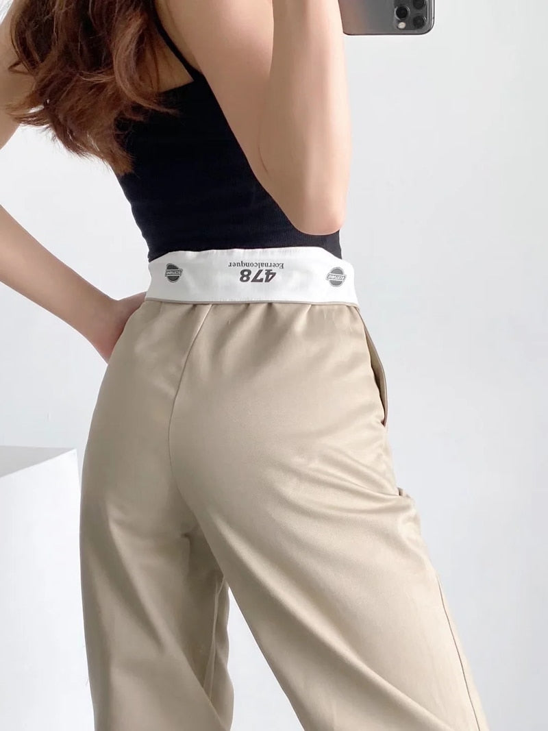 Fold Waist Line Straight Leg Trousers