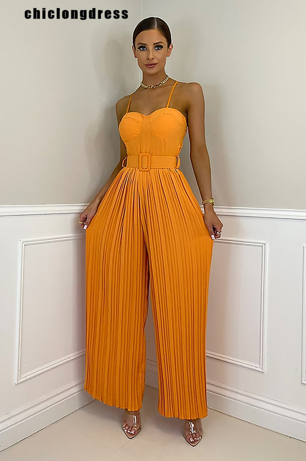 Summer Solid Pleated Wide Leg Jumpsuit