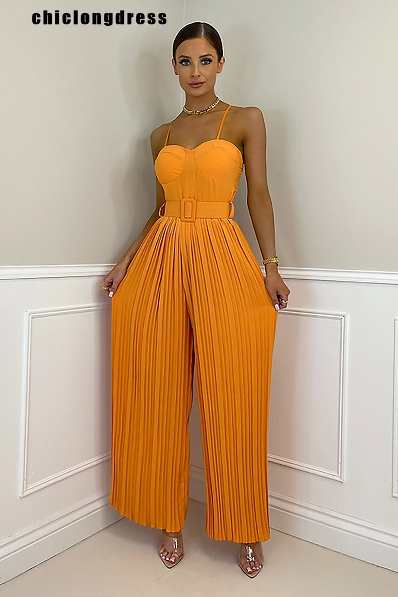 Summer Solid Pleated Wide Leg Jumpsuit