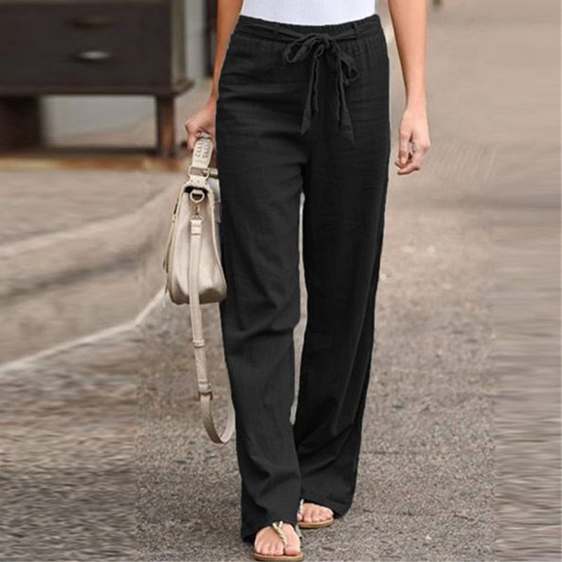 Elastic Waist Straight Linen Pants