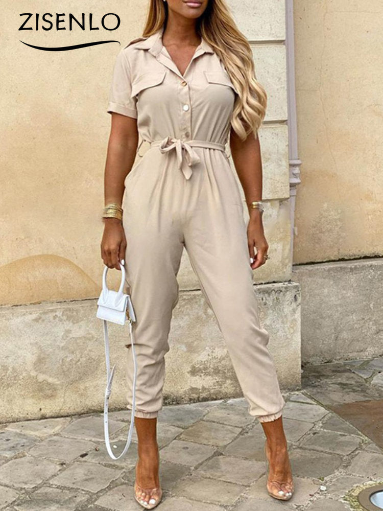 Casual Lapel Buckle Printed Belt Jumpsuit