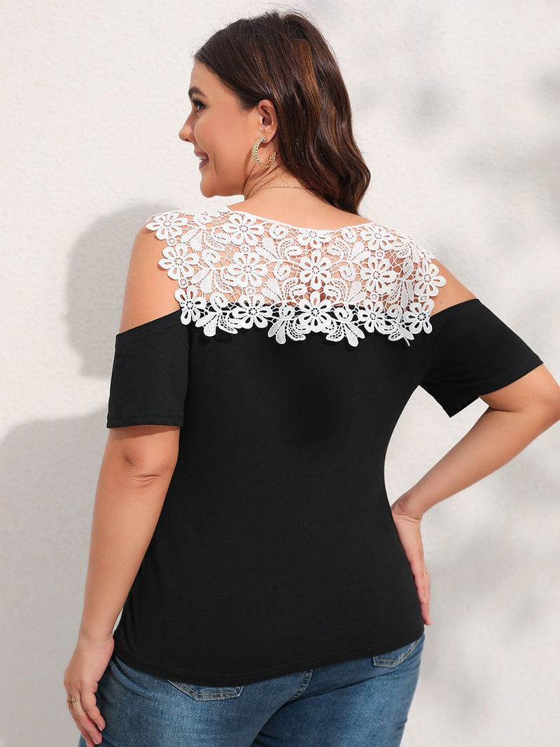 Contrast Guipure Lace Cold Shoulder Top