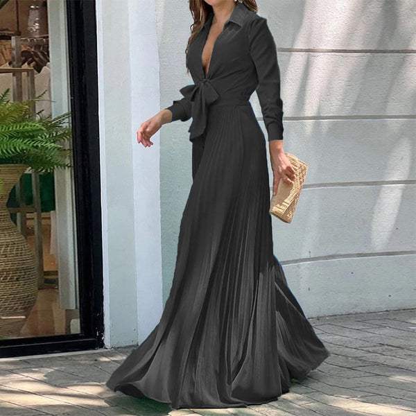 V Neck Long Sleeves Lapel Solid Jumpsuit