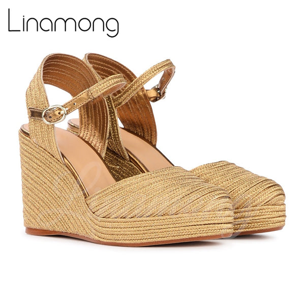 Gold Raffia Wedge Sandals