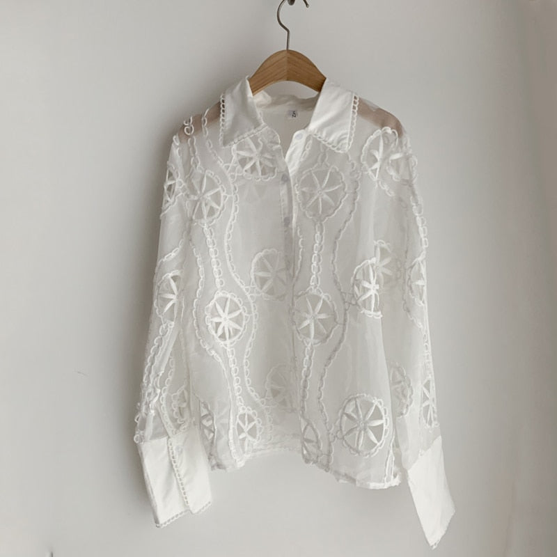 Sexy Hollow Floral Embroidery Blouse