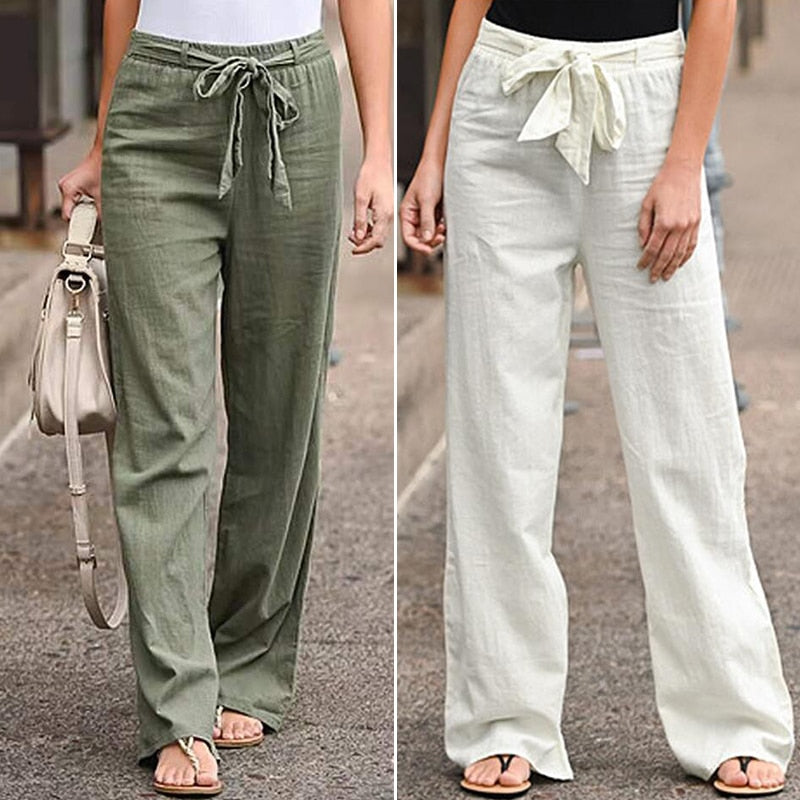 Elastic Waist Straight Linen Pants