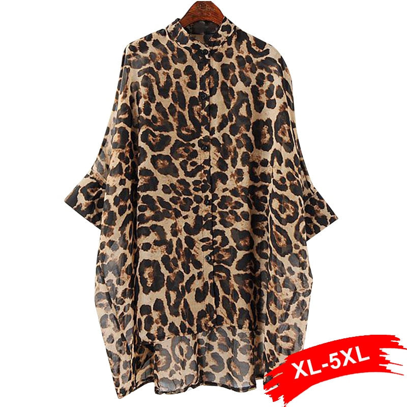 Irregular Leopard Print Chiffon Blouse