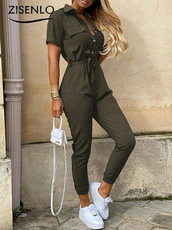 Casual Lapel Buckle Printed Belt Jumpsuit